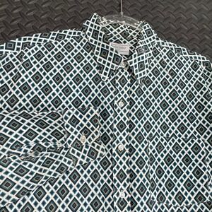 Vintage Weekender Sport Green White Diamond Pattern Button Up Shirt Women's Sz L